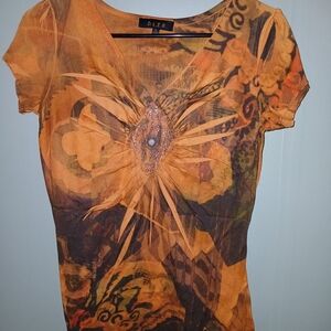 B.L.E.U. Orange Artistic Short Sleeve Top